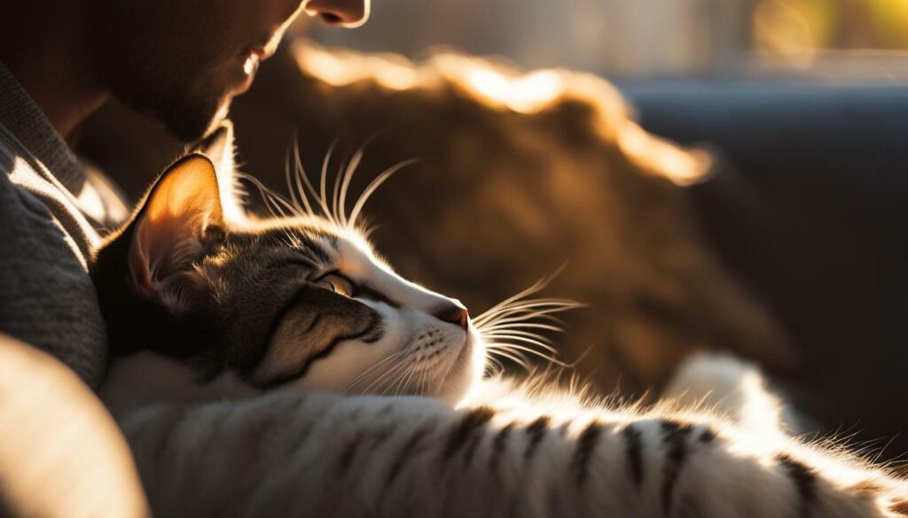 Stray cat bonding with a human