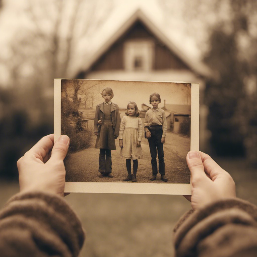 Man holding old picture of himself with friends in front of his childhood house